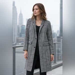 NINE WEST SIZE M PLAID TRENCH COAT‎ BLACK WHITE JACKET GUC